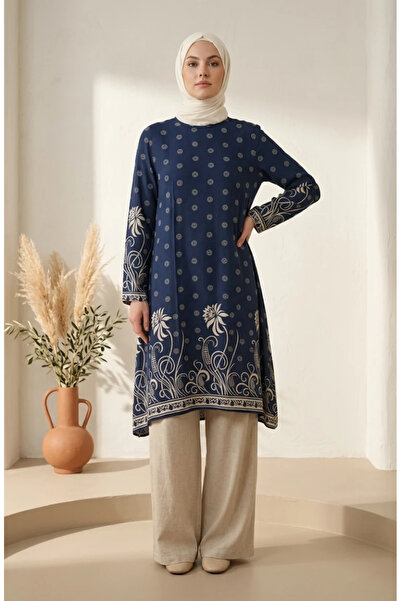 sefamerve Viscose Fabric Patterned Tunic 1016-04 Indigo