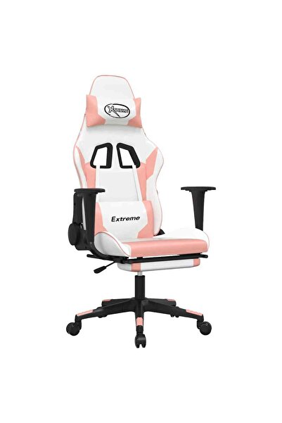 vidaxl Scaun gaming de masaj/suport picioare, alb/roz, piele ecologică