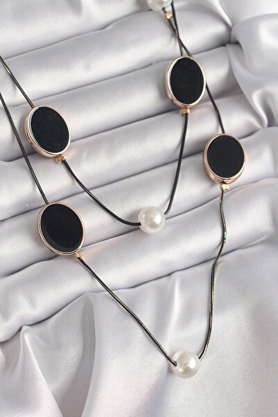 OGHAMAY Brass Black Color Chain Multiple Women's Necklace with Pearl Detail