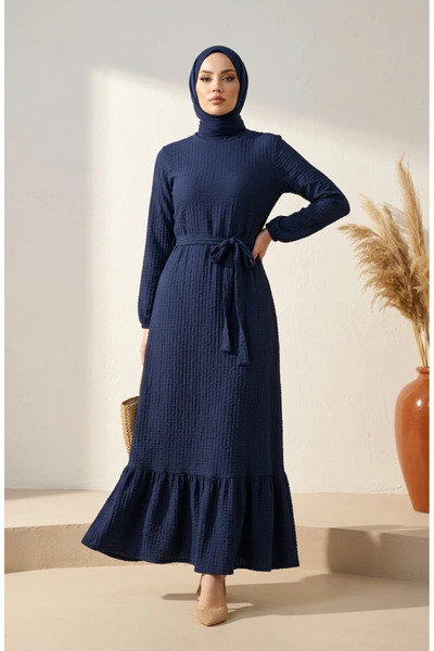 sefamerve Waffle Fabric Elastic Sleeves Hijab Dress 5588-03 Navy Blue