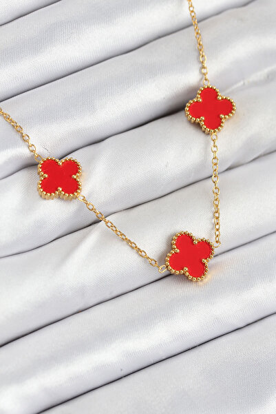 OGHAMAY 316L Steel Chain Gold Red Color Clover Women's Necklace