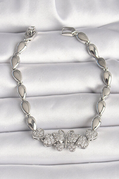 OGHAMAY Brass Silver Color Zircon Stone Butterfly Figure Drop Chain Model Wom...
