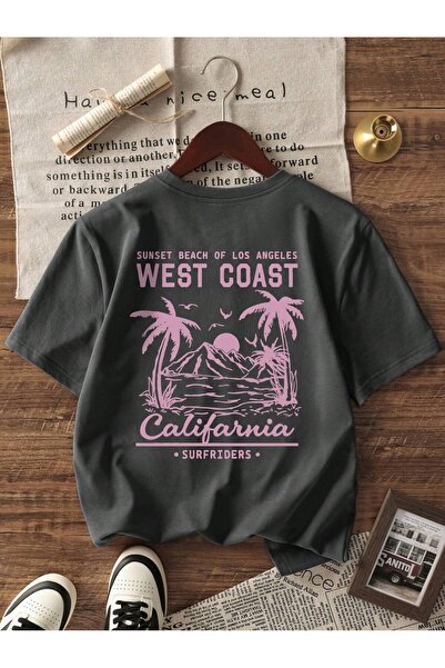 EVIus Tricou supradimensionat cu imprimeu Palmiye Surf, 100% bumbac, cu decol...