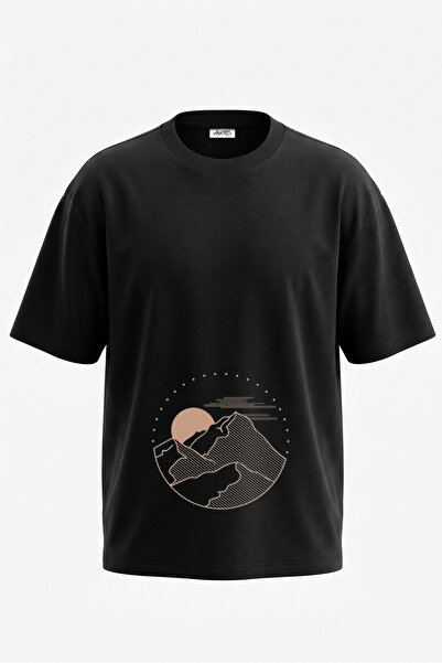 Anetos Tricou oversize negru din bumbac cu imprimeu Mountain Sun Design
