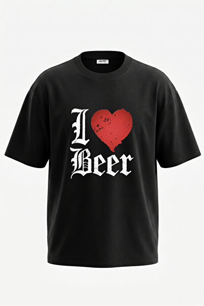 Anetos Tricou oversize negru din bumbac cu imprimeu pe spate I Love Beer Design
