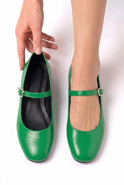 MİNNACE "Emma" Green Leather Ballerina Flats with Round Toe, Closed Toe, Flat...