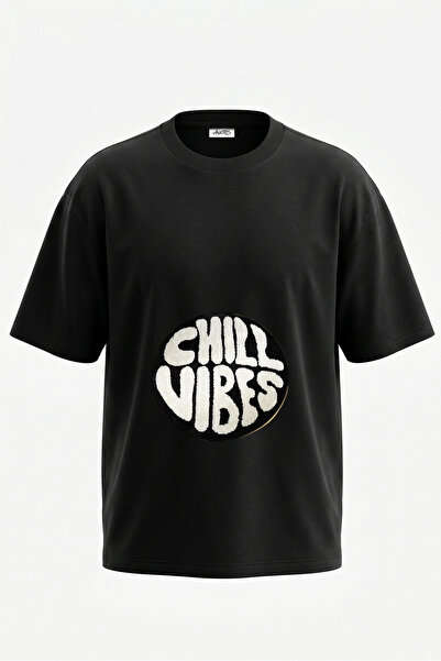 Anetos Tricou oversize negru din bumbac cu imprimeu pe spate Chill Vibes Design