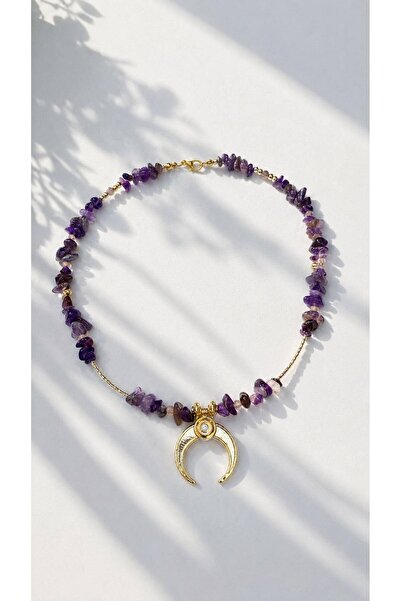 YAKA ART Ametist Taşı Zirkon Hilal Charm Handmade Kolye