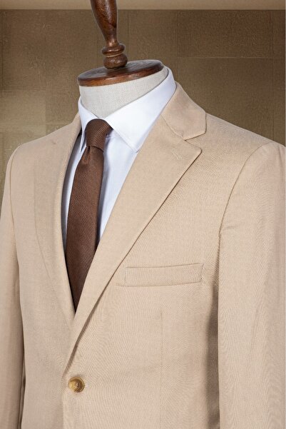 Sergio Ferraro Bej Dokulu Slim Fit Klasik Erkek Blazer Ceket