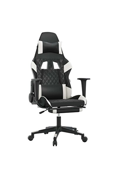 vidaxl Scaun de gaming masaj/suport picioare alb/negru piele