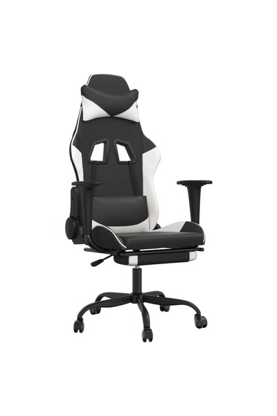 vidaxl Scaun de gaming masaj/suport picioare alb/negru piele