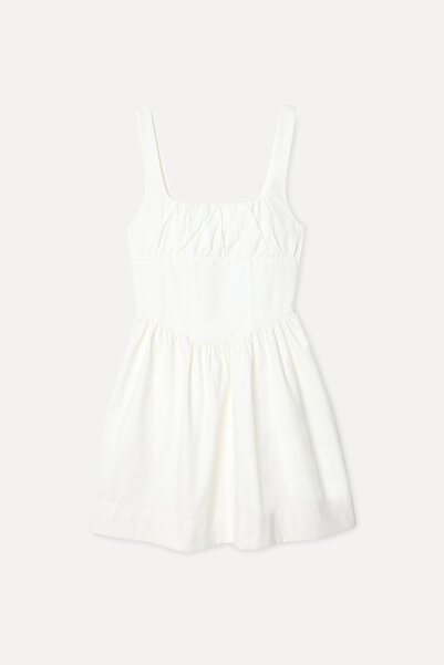 Mudo Women's White Flared Pleated Linen Blend Mini Dress