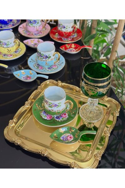 BY.RAYKA PORSELEN El Dekor Saray Pati Porcelain Hand-Painted 6-Piece Cup and Delight Bowl Set
