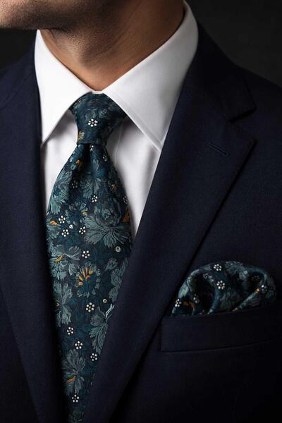 Kravatkolik Green Petrol Flower Pattern Classic Tie with Handkerchief Kk13796