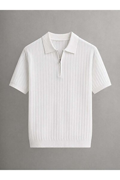 ECARTS Men's Comfort Fit Striped Zippered Tshirt White Eca076