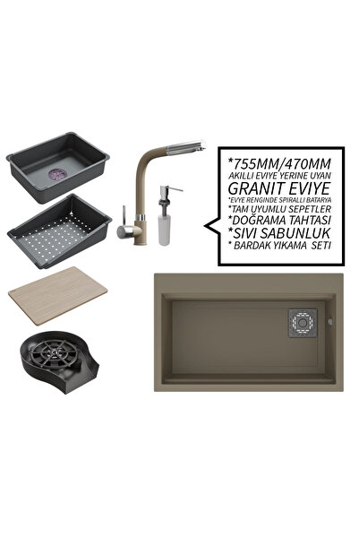 RealStone 75 cm Kompakt Set - Akıllı Eviye Uyumlu Granit Eviye ve Spiralli Ba...