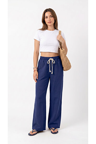 BETES Pantaloni de damă din muselină și in, albastru marin, cu buzunare, mode...