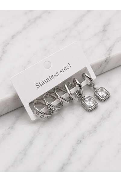 BİJU YILMAZ 26Clk128 - Silver Baguette Stone Detailed Earring Set