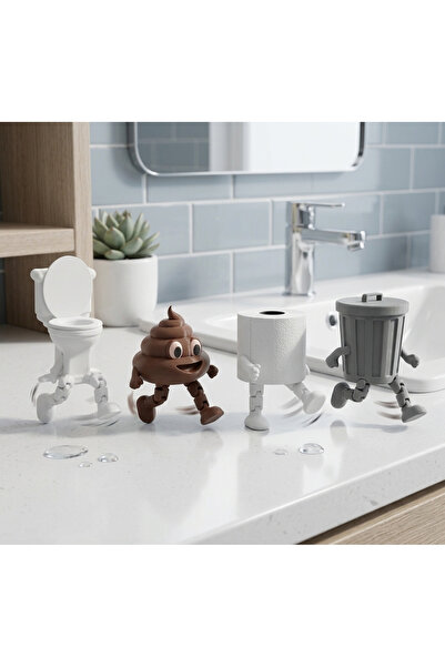 Yuflin Design 4'lü Eğlenceli Banyo Dekoratif Figür Seti /Tuvalet Kağıdı, Çöp ...