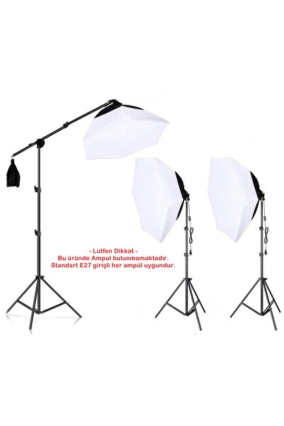 AZT Ürün Reklam Stüdyo Youtube Vlog Tiktok Canlı Yayın vb için 70cm Octagon Softbox Üçlü Led Sürekli Işık Seti