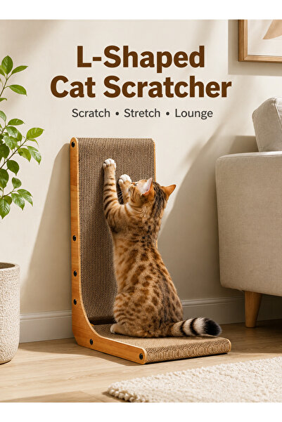 Pomefar Wall Mounted L-Shaped Cardboard Cat Scratcher with Hanging Ball Toy f...