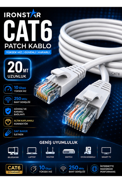 IRONSTAR CAT6 patch kablo 20 metre / 20 metre internet kablosu / RJ45 etherne...