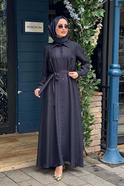 MISS DALIDA Keten Elbise 2264551 KOYU LACİVERT