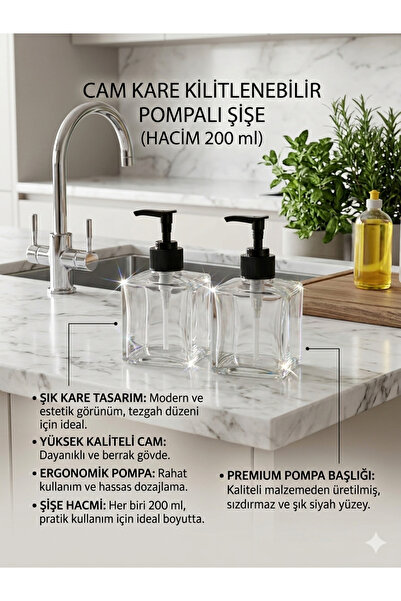 Trend Home Life Cam Kare Kilitlenebilir Başlıklı 2’Li Sıvı Sabun Bulaşık Dete...