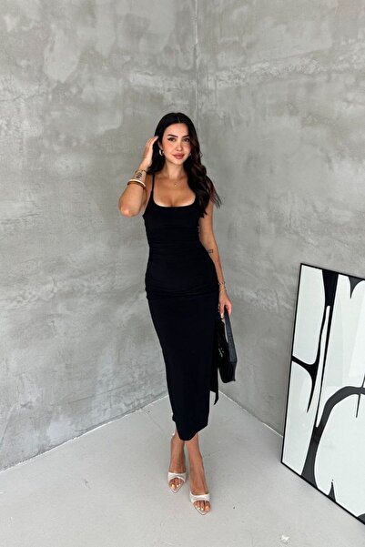 moda poni Rochie midi neagră de damă, cu bretele și detaliu cu șliț