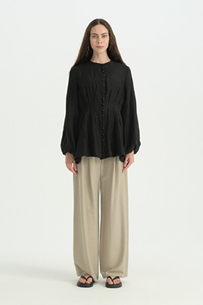 Nihan Beli Pensli Balloon Sleeve Tunic - Black