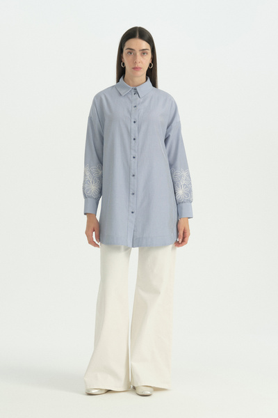 Nihan Striped Cotton Tunic with Embroidered Sleeves - Navy Blue