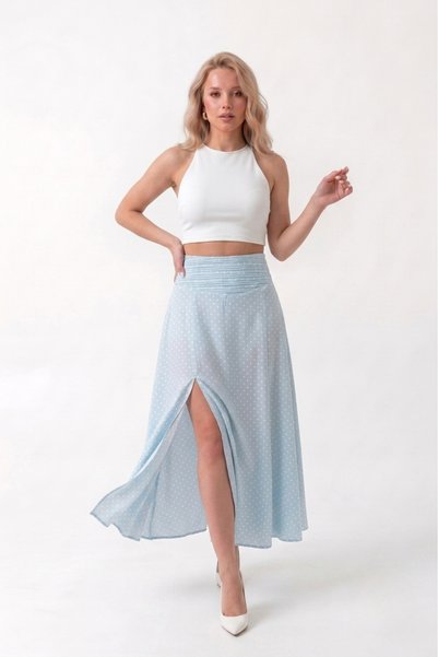 Auragul Polka Dot Midi Skirt with Ruffle Detail and Slit