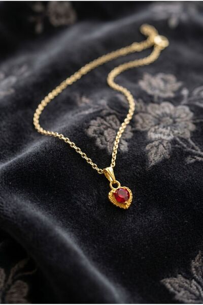 rafiel Gold Kırmızı Kalp Taşlı Kolye - Romantik Kadın Kolye Ucu ve Zincir Seti