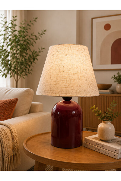 EvLight Liva Bordo Gövdeli 34 cm Keten Kumaş Abajur