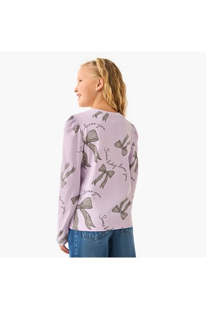 Juniors Girls Crew Neck T-shirt with Bow Print - Cotton - Long Sleeves