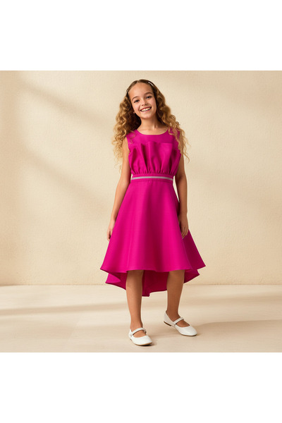 Juniors Round Neck Sleeveless Dress with Pleat Accent