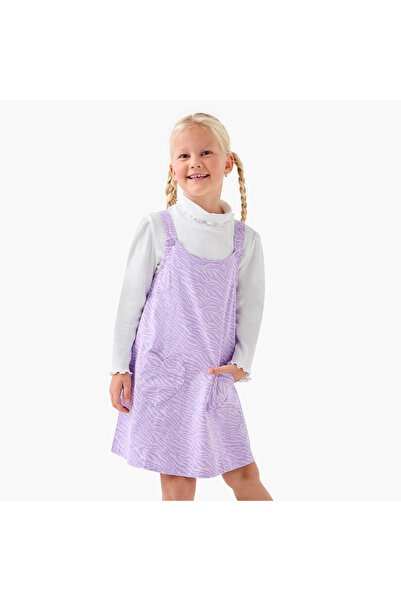 Juniors High Neck Long Sleeves T-shirt and Pinafore Set with Animal Print