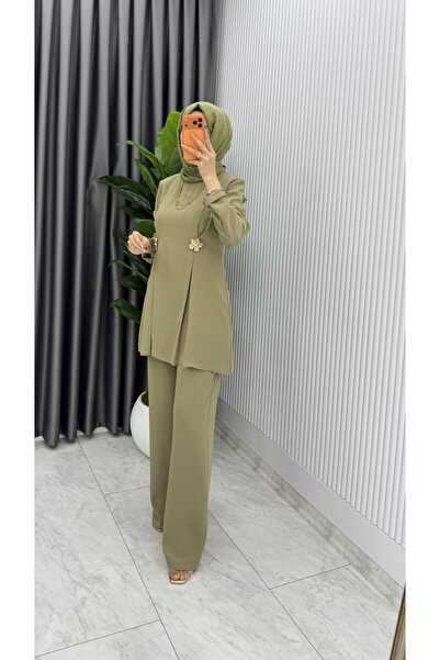 TARZ-I HAS BUTİK Haki Kardelen Premium Seri Krep Pantolnlu Takım Tesettür Giyim