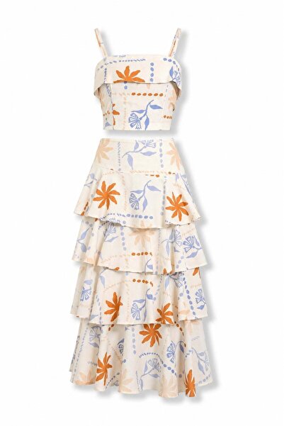 5in1Canpolat Cream Flounce Skirt Blouse Set