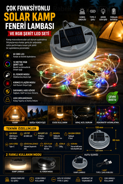 Rabelix Online Marketing Solar Şarjlı Kamp Lambası RGB Şerit Ledli Kamp Fener...