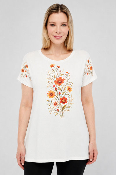 Curvy Trend Plus Size Orange Floral Print Crew Neck Short Sleeve Side Slit Bl...