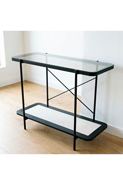 Bleco Minimalist 2-Layer Glass Decor Storage Table, Rattan Bottom Display Con...