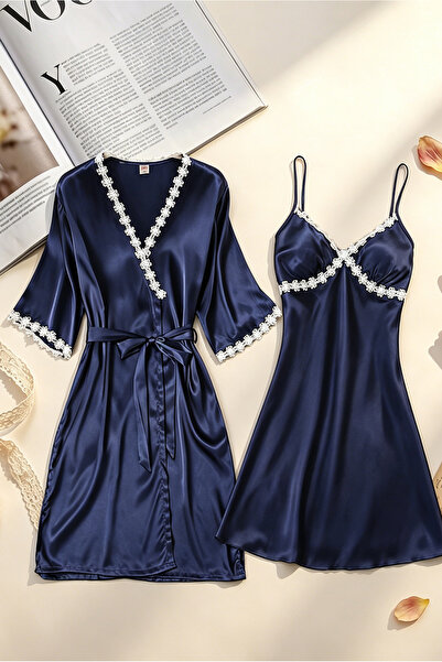 Generic Luxury Satin Nightgown Set for Women, Navy Blue Lace Trim Cami Dress ...