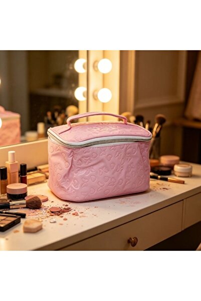 idei Geantă Cosmetică Dreptunghiulară din PU Roz cu Embosaj Inimi, Husă Machi...