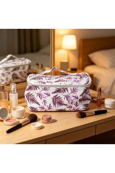 idei Geantă Cosmetică Dreptunghiulară PU cu Imprimeu Frunze Violet pe Fundal ...