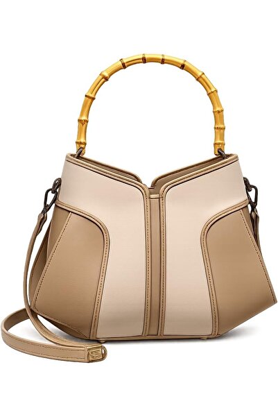 Generic Bamboo Handle Colorblock Leather Handbag for Women, Elegant PU Leathe...