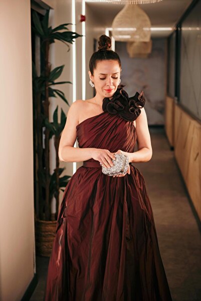 Mialora One-Shoulder, Accessory Detailed, Draped, Belted Waist, Taffeta Eveni...