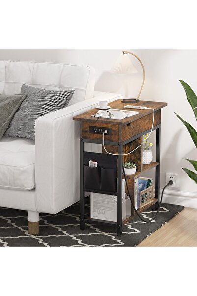 Garvee Side Table, End Table with Charging Station, Flip Top Sofa Table Narro...