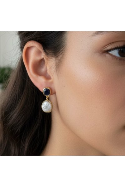 Hello Neo Jewelry Lapis Lazuli Doğal Taşlı Altın Kaplama Barok İnci Küpe