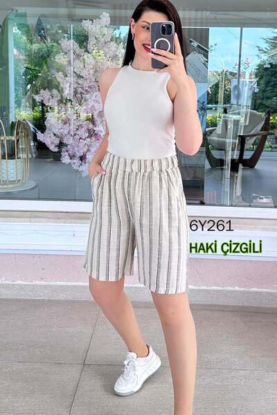 İnce Topuk Elastic Waist Linen Shorts 6Y261